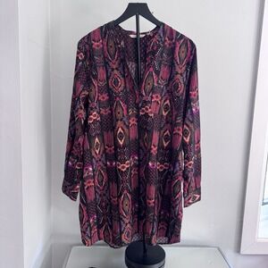 Soft Surroundings XL Boho Tunic Top Pink Black Aztec Tribal V Neck Blouse